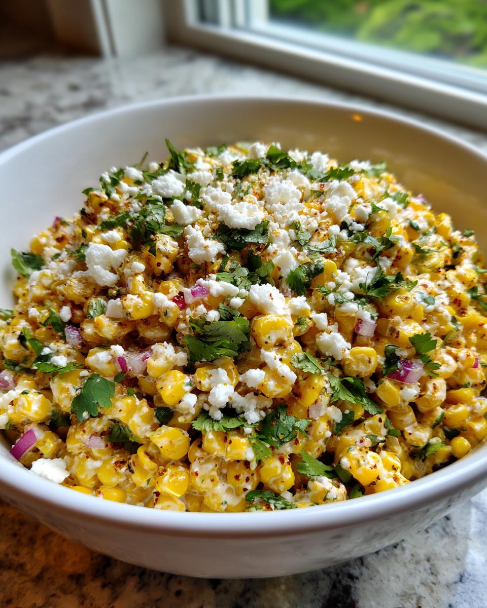 A close-up of creamy Mexican street corn salad topped generously with crumbled white cheese and fresh cilantro.