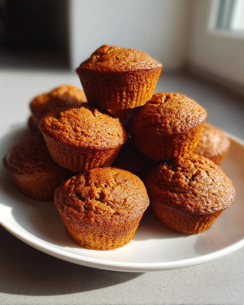A small stack of freshly baked, golden brown mini banana muffins piled on a white plate.