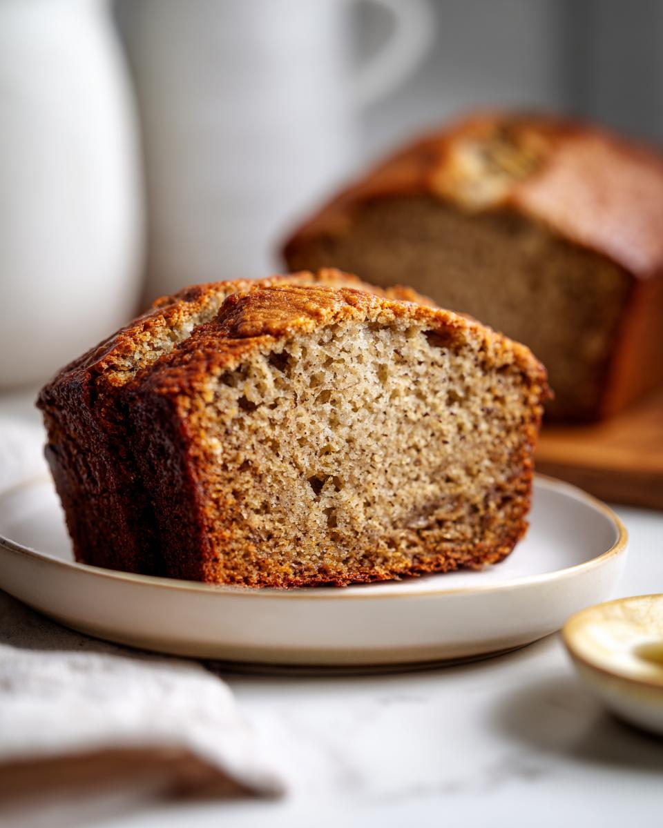 Close-up of a thick slice of moist banana bread showing its tender crumb texture.