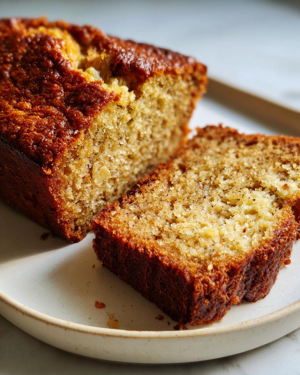Close-up of moist banana bread loaf sliced on a plate, showing a golden brown crust.