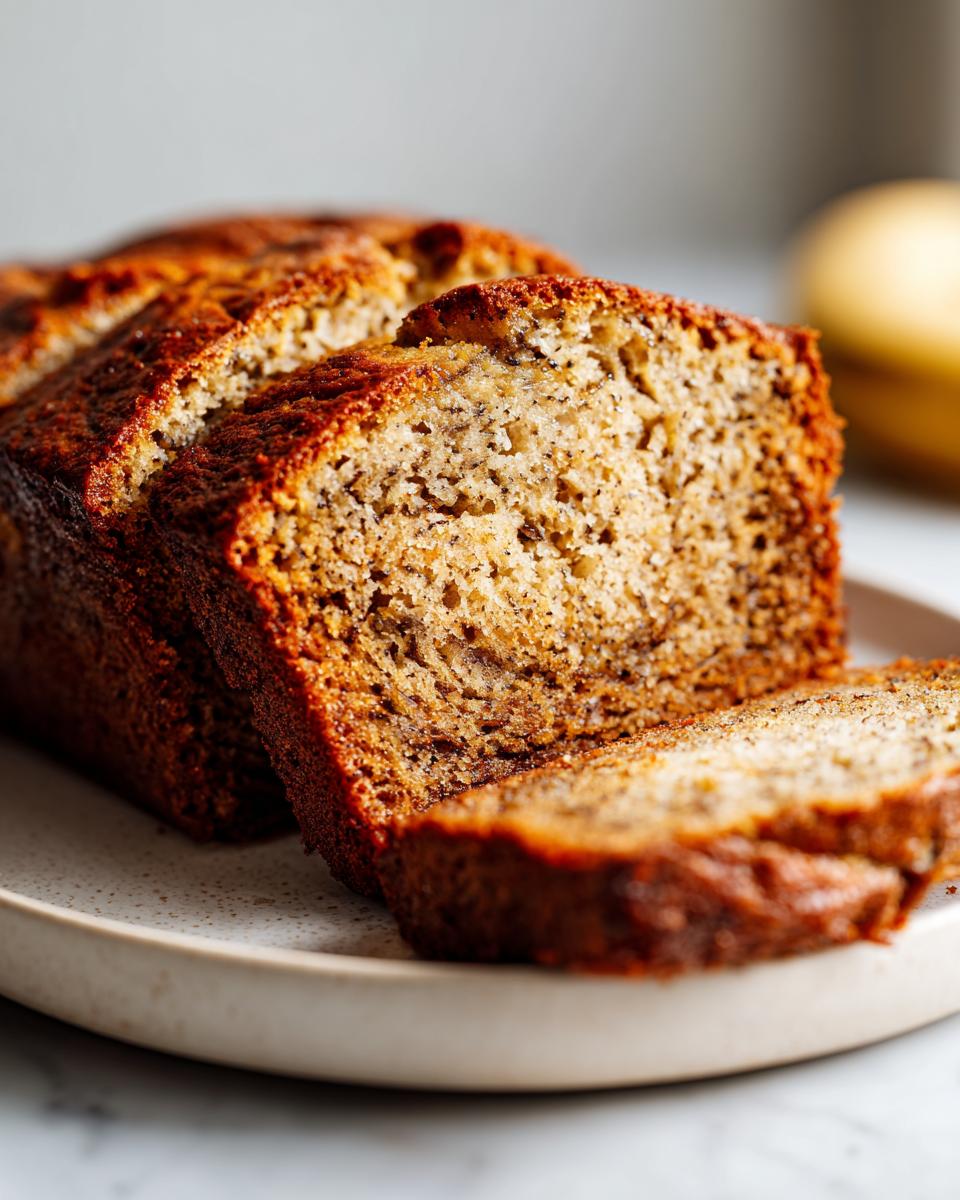 Close-up of moist, freshly baked banana bread sliced on a speckled plate.