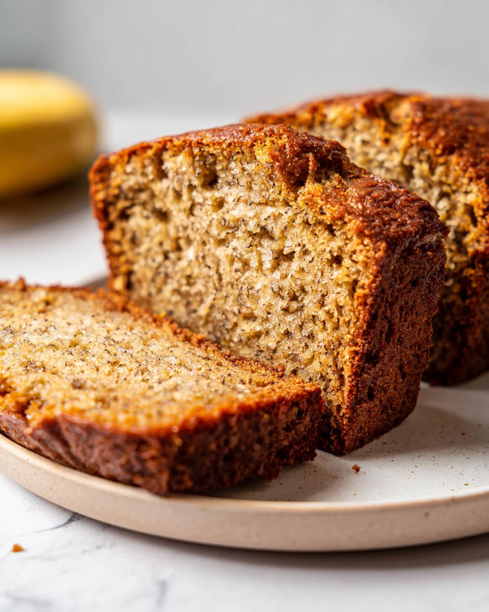 Close-up of moist, golden-brown banana bread slices on a speckled plate, showing the tender crumb.