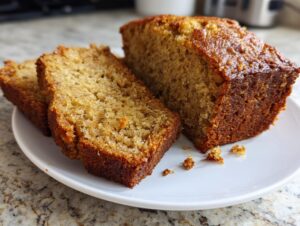 Close-up of moist, golden brown banana bread loaf with two slices cut and resting on a white plate.