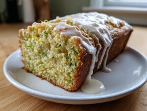 A thick slice of moist lemon zucchini bread topped with a generous white glaze, showing flecks of green zucchini.