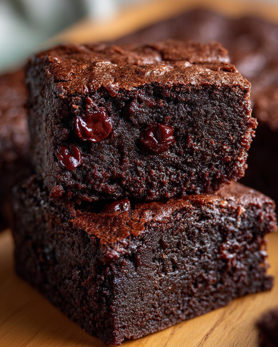 Close-up of two stacked, rich, dark chocolate zucchini brownies loaded with melted chocolate chips.