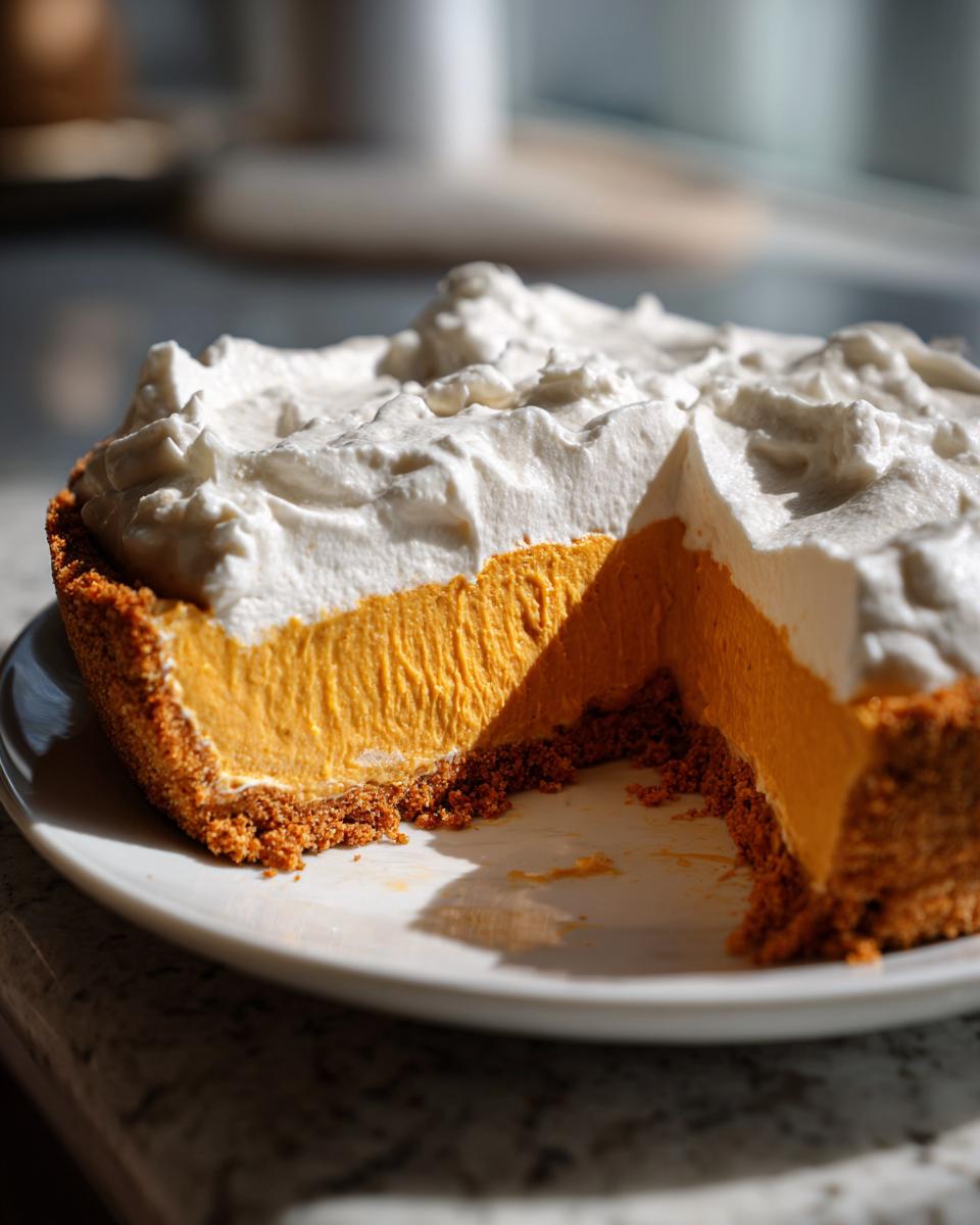 Close-up of a no bake pumpkin pie with a slice removed, showing the thick orange filling and graham cracker crust topped with whipped cream.