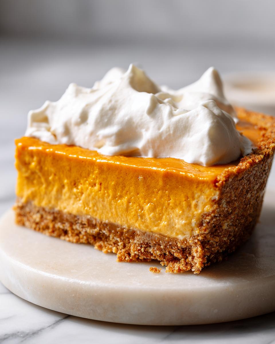 A close-up slice of rich, orange no bake pumpkin pie with a graham cracker crust, topped generously with whipped cream.