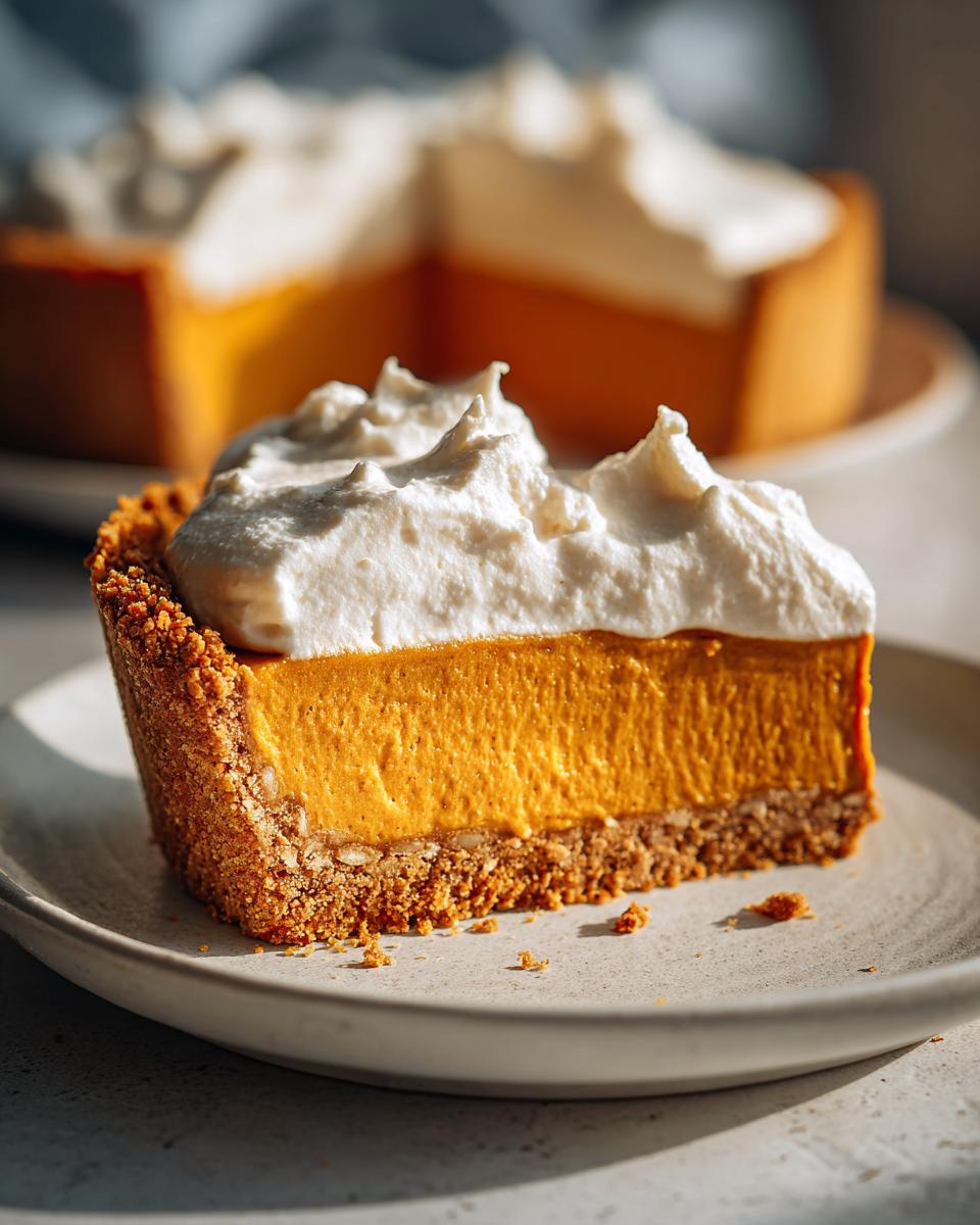 A perfect slice of no bake pumpkin pie showing the creamy filling, graham cracker crust, and whipped topping.