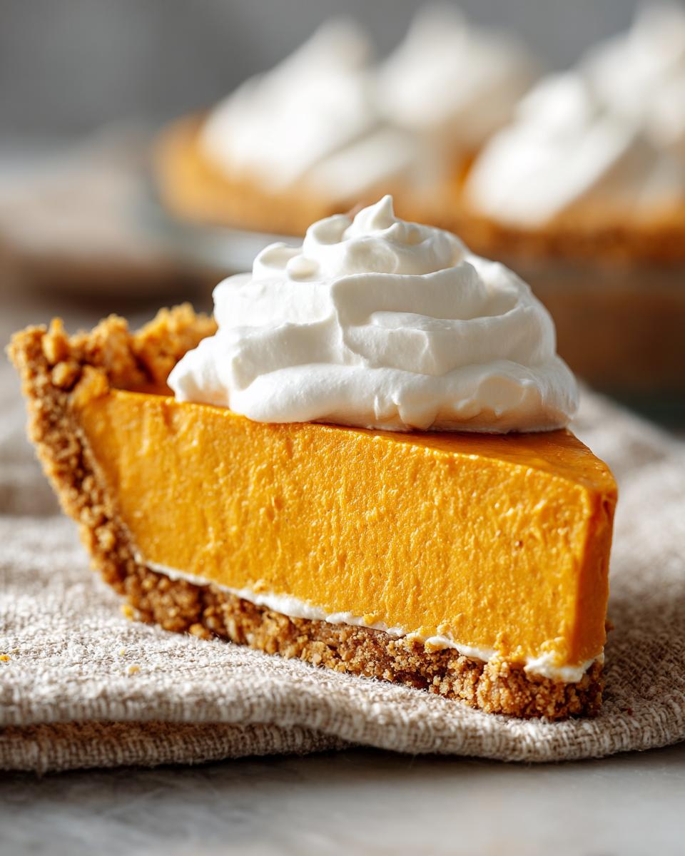 A perfect slice of no bake pumpkin pie with a graham cracker crust and topped with a swirl of whipped cream.