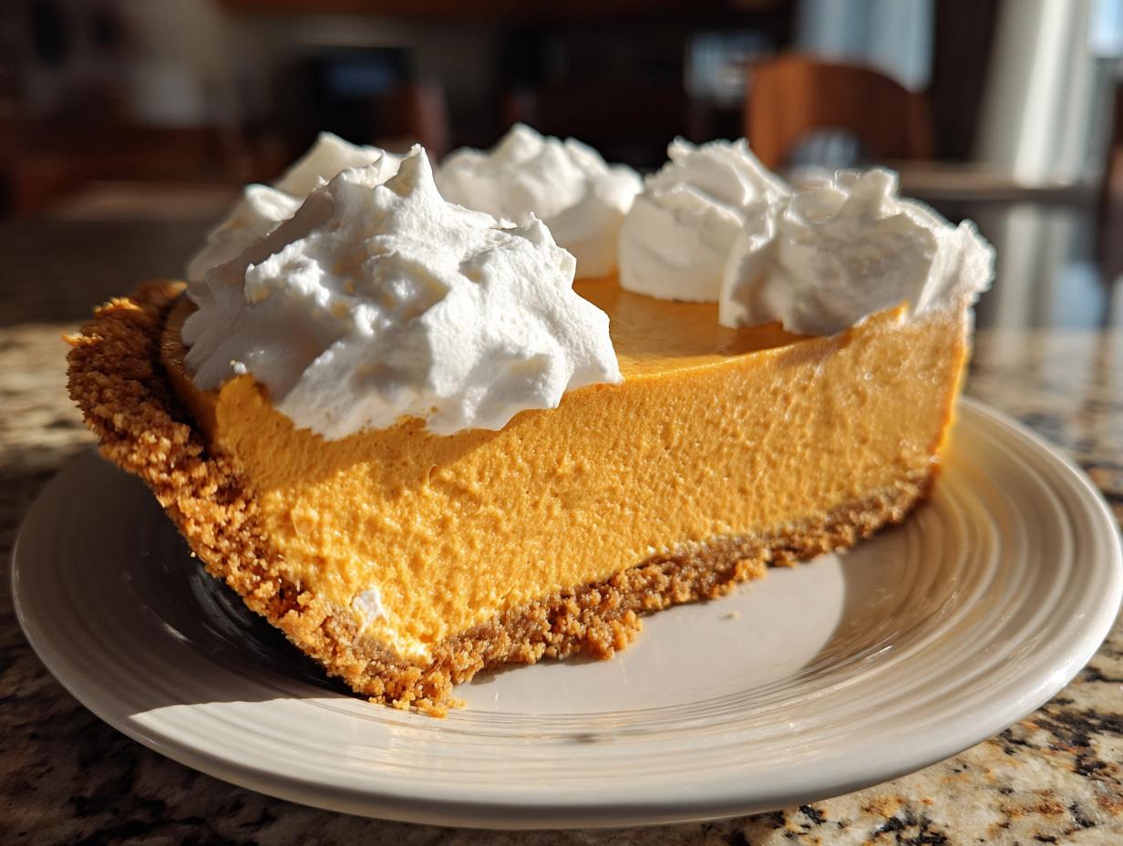 A thick slice of no bake pumpkin pie with a graham cracker crust, topped with dollops of whipped cream.