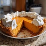 A whole no bake pumpkin pie with a slice removed, topped with dollops of whipped cream.