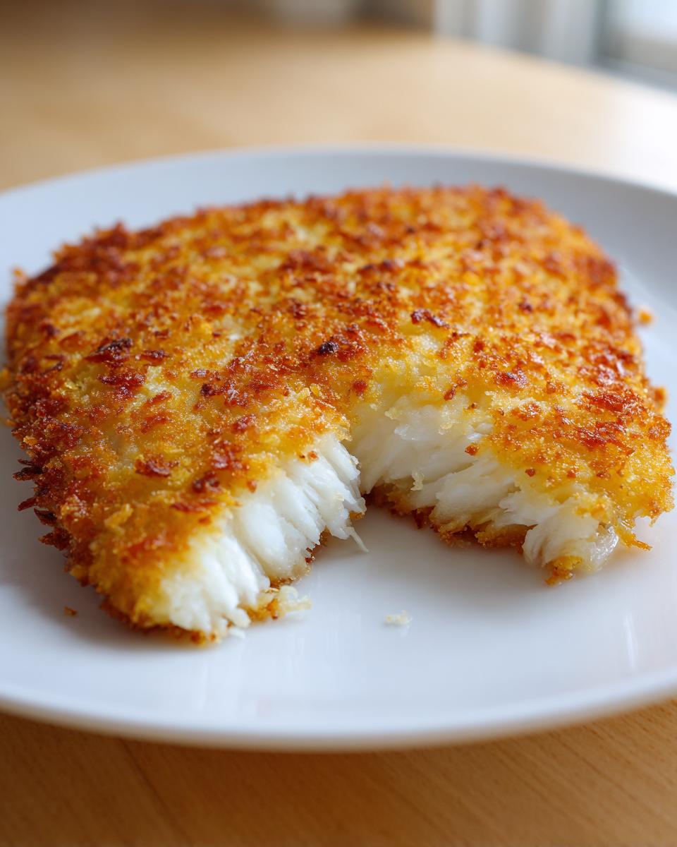 Close-up of a flaky, white fish fillet with a golden, crispy parmesan crusted topping, served on a white plate.