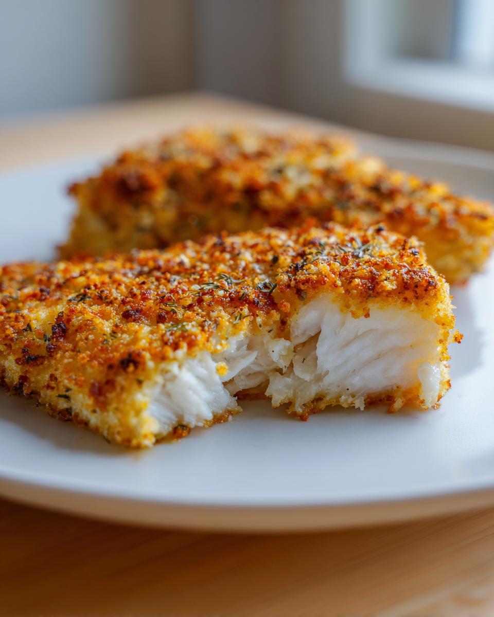 Close-up of a flaky, white fish fillet showing the golden parmesan crusted tilapia coating.