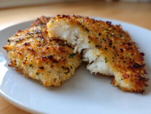 Two pieces of golden brown parmesan crusted tilapia on a white plate, one piece broken open to show flaky white fish inside.