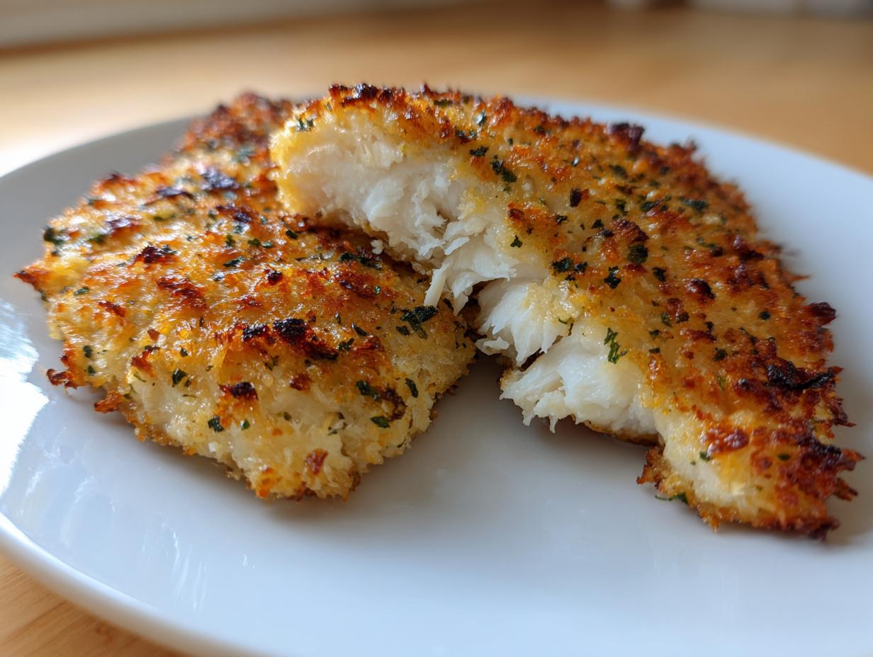 Two pieces of golden brown parmesan crusted tilapia on a white plate, one piece broken open to show flaky white fish inside.