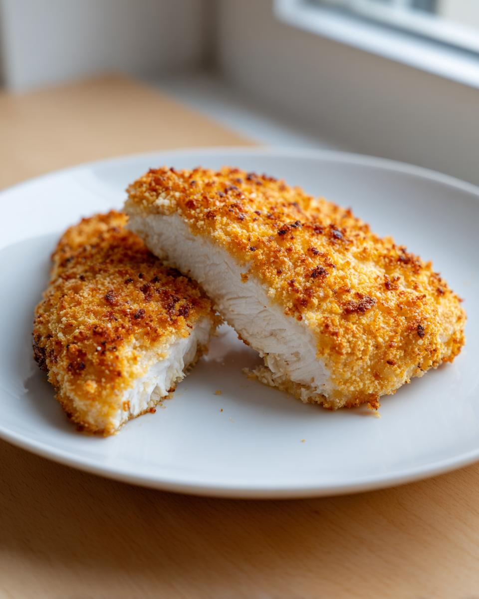 Two halves of a golden brown parmesan crusted tilapia fillet showing the flaky white fish inside.