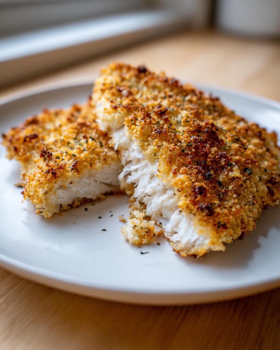 Close-up of two flaky, golden-brown parmesan crusted tilapia fillets broken open on a white plate.