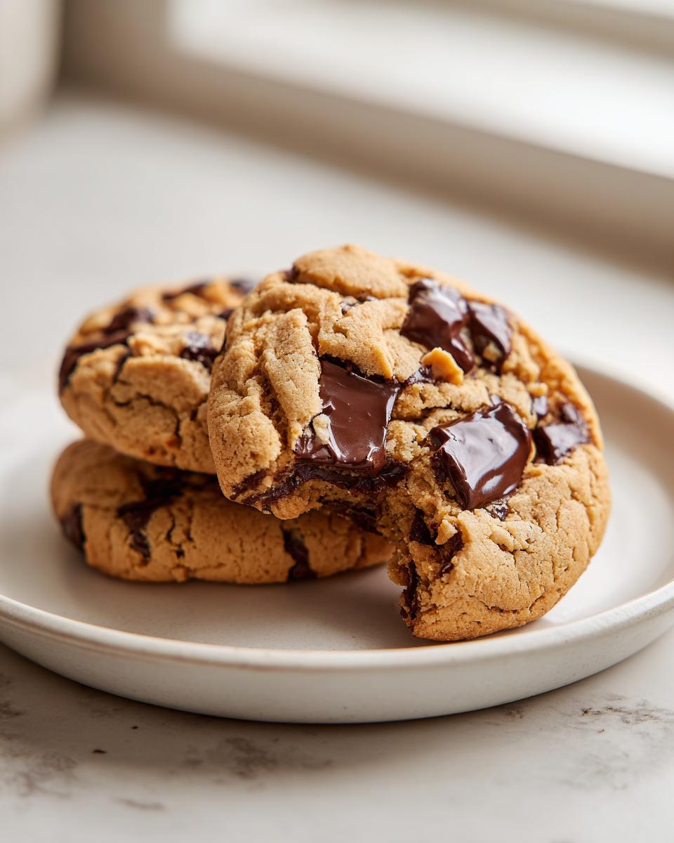 Close-up of three peanut butter chocolate chip cookies stacked, with one cookie having a bite taken out revealing gooey melted chocolate.