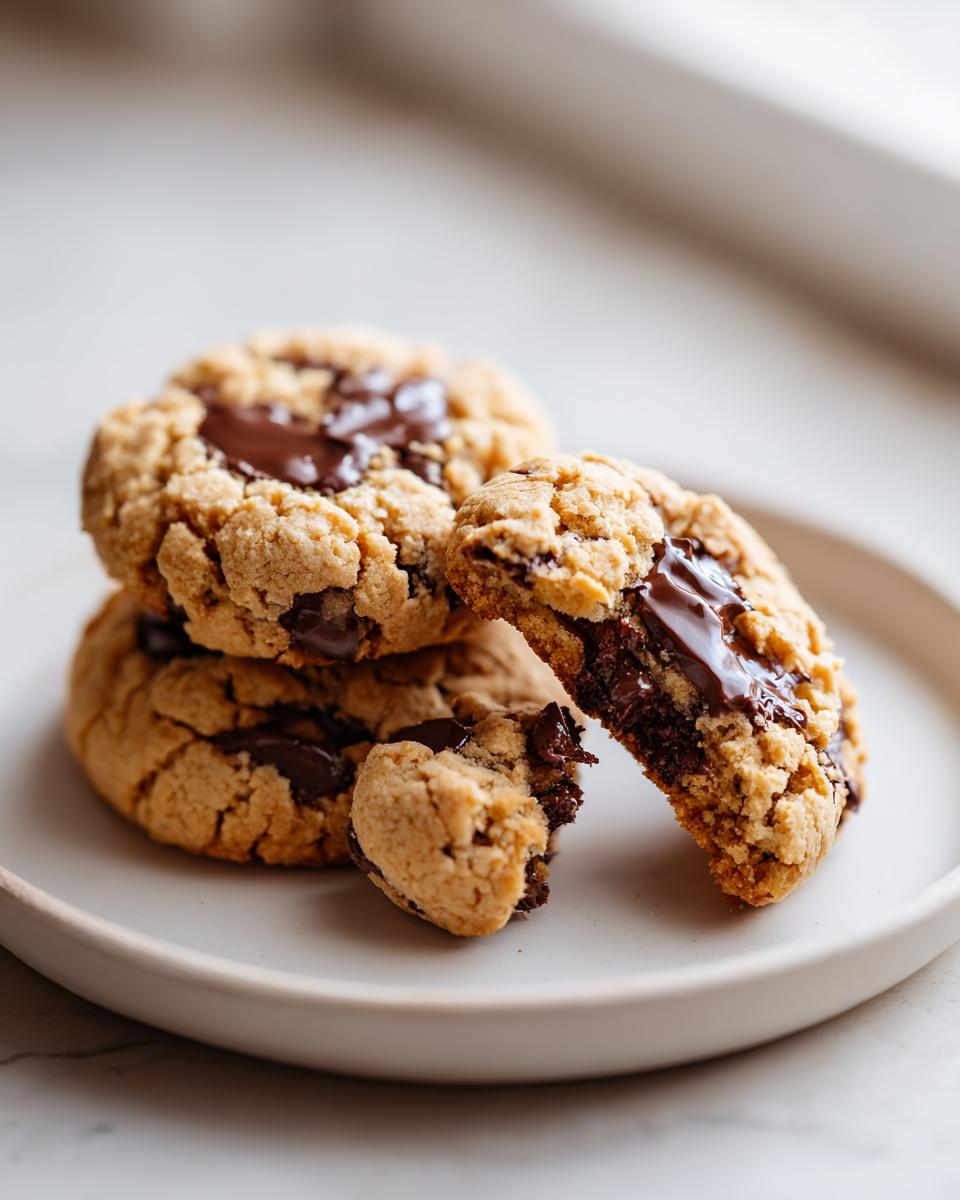 Close-up of stacked peanut butter chocolate chip cookies, one broken open revealing gooey melted chocolate.
