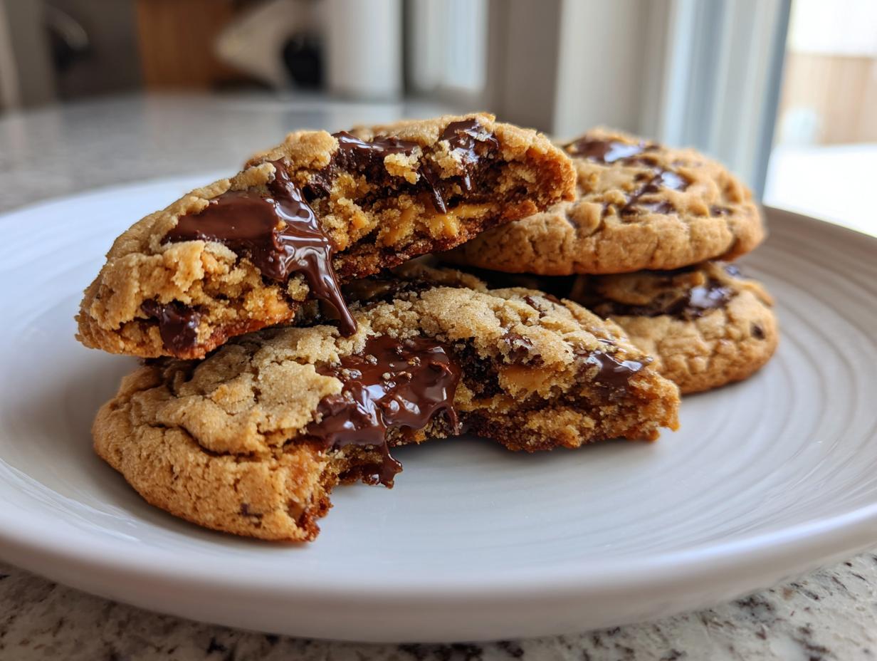 Close-up of soft peanut butter chocolate chip cookies, one broken open showing gooey, melted chocolate.