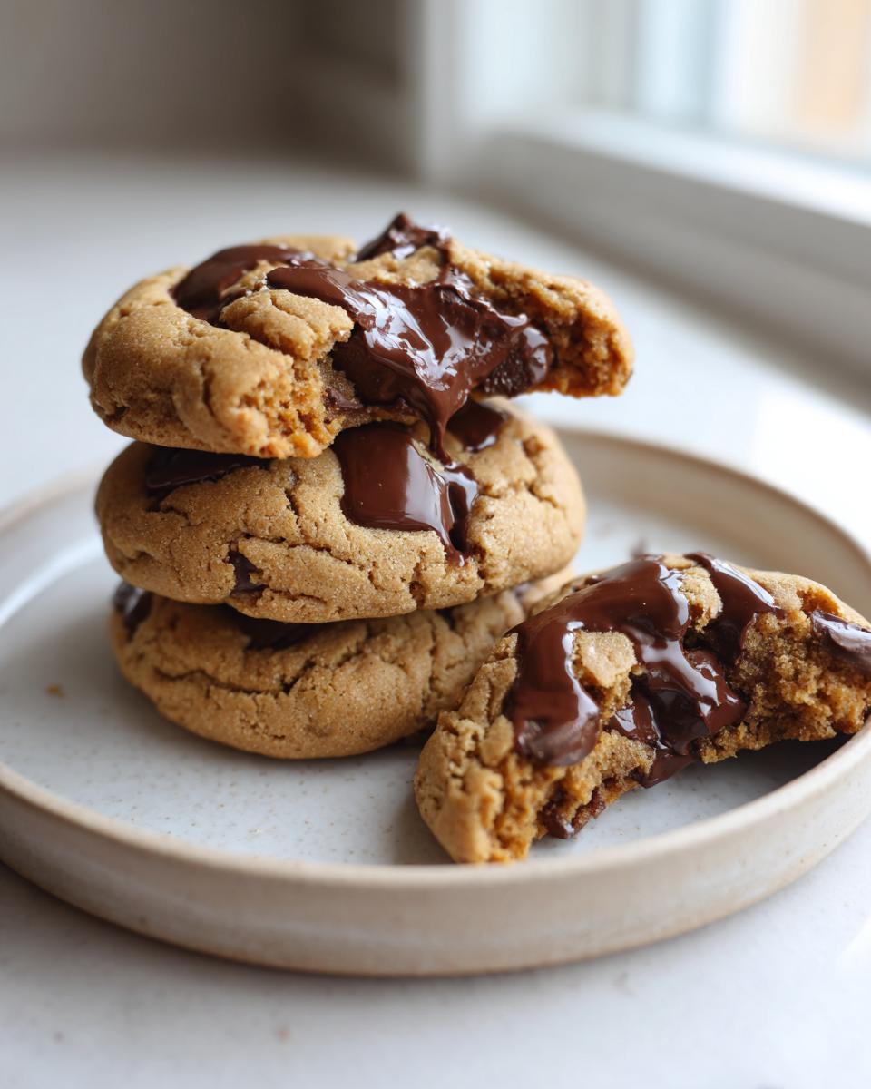 Stack of three peanut butter chocolate chip cookies with gooey, melted chocolate oozing out.