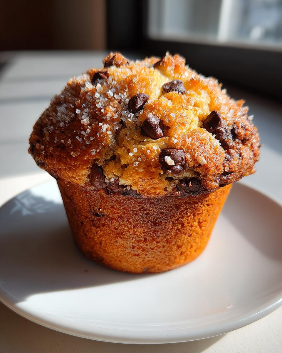 A close-up of a freshly baked chocolate chip muffins, topped with coarse sugar, sitting on a white plate.