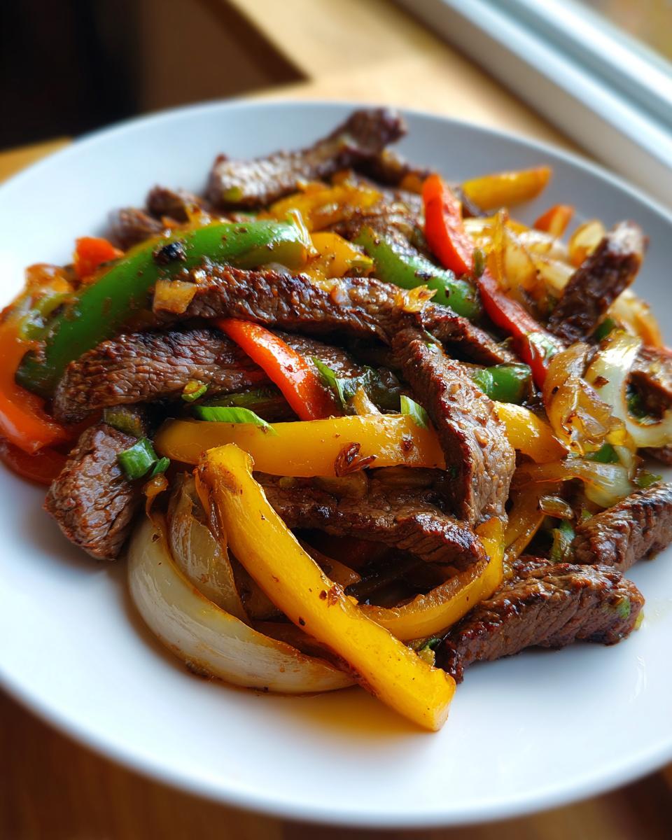 Close-up of perfectly cooked steak fajitas with colorful bell peppers and onions served on a white plate.