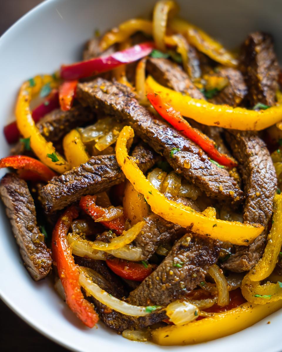 Close-up of perfectly seasoned steak fajitas mixed with sautéed yellow and red bell peppers and onions.