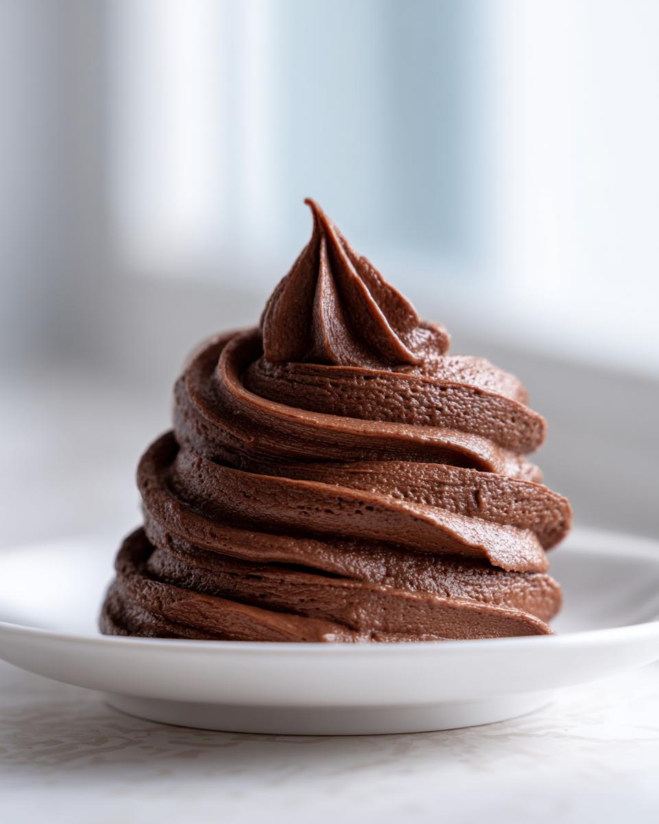 A tall, perfectly piped swirl of rich, dark chocolate buttercream frosting sitting on a small white plate.