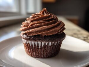 A single, moist chocolate cupcake topped with thick, swirled chocolate frosting, sitting on a white plate.