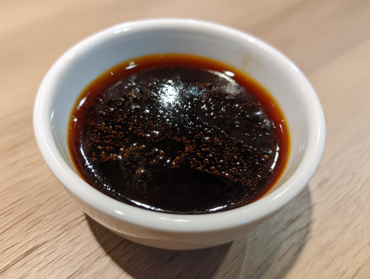 Close-up of thick, bubbling homemade teriyaki sauce in a small white dipping bowl.