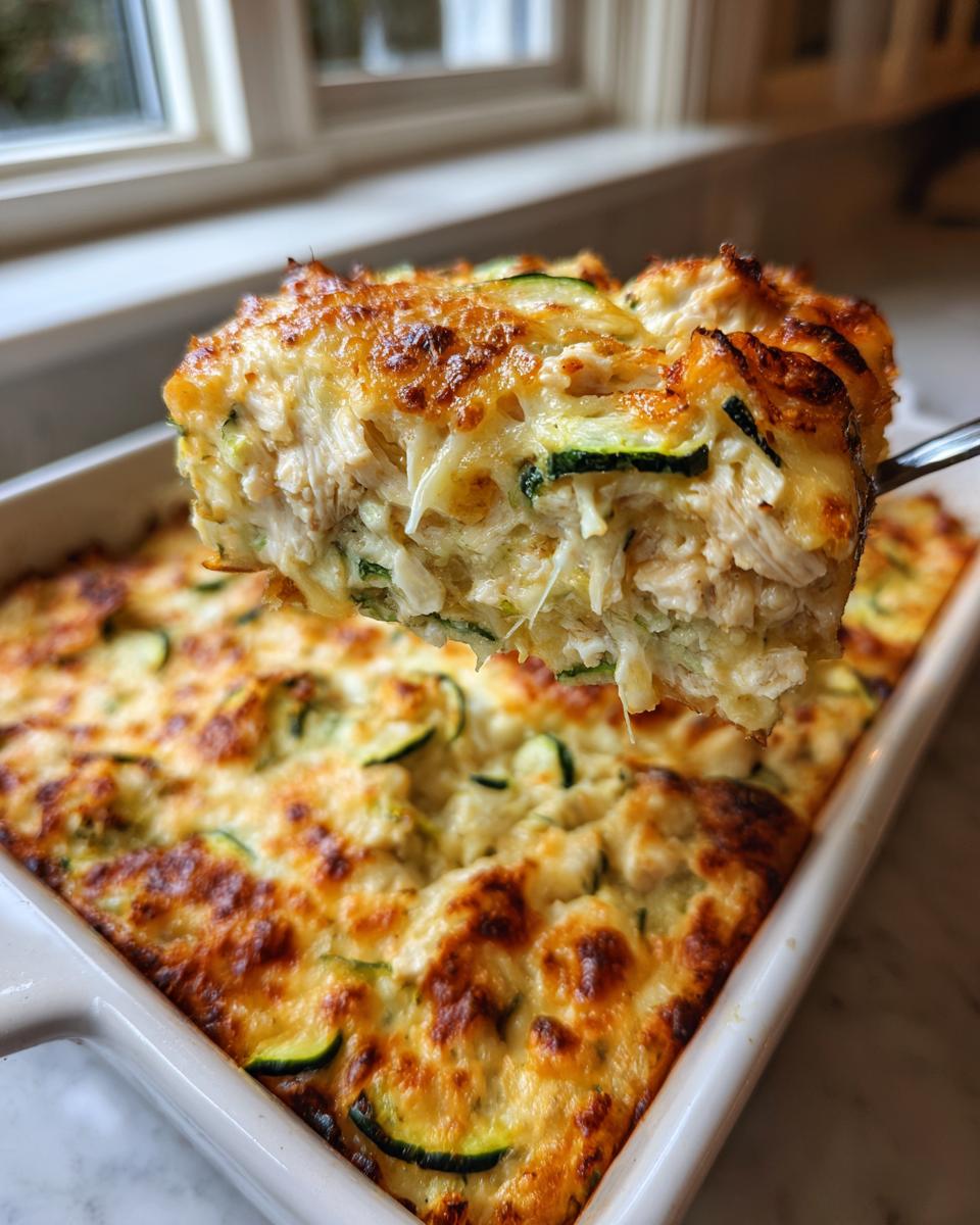 A serving spoon lifts a cheesy, baked slice from a baking dish of chicken zucchini casserole.