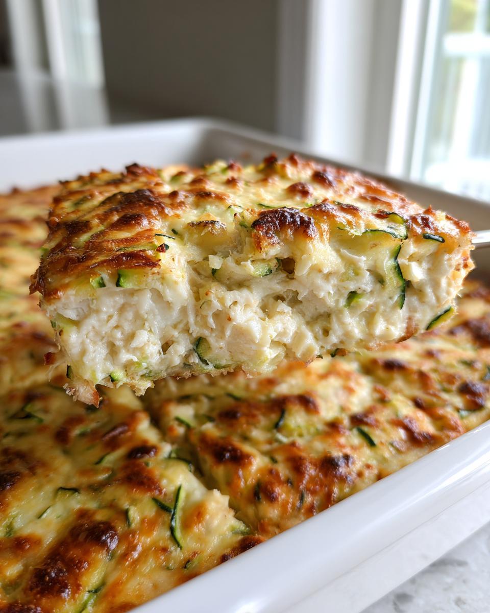 A spatula lifts a square serving of creamy chicken zucchini casserole with a golden-brown cheesy top.