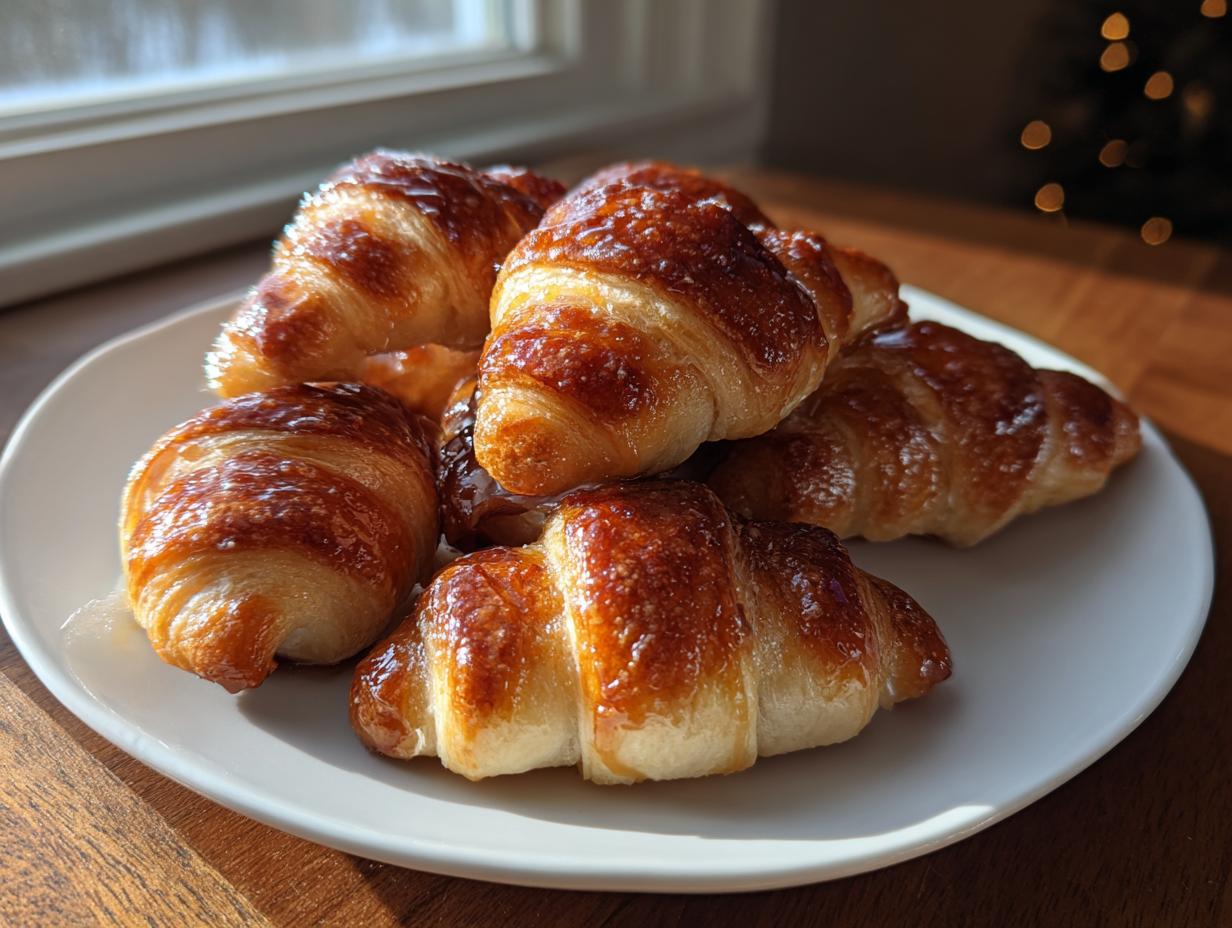 A pile of small, shiny, golden-brown glazed croissants served on a white plate, possibly a variation of pigs in a blanket.