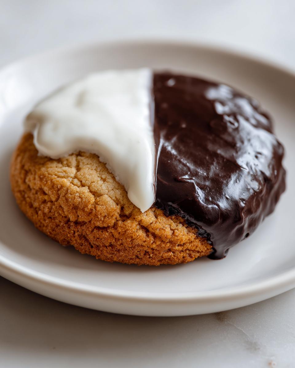 Close-up of a single black and white cookie, half covered in white fondant and half in dark chocolate glaze.