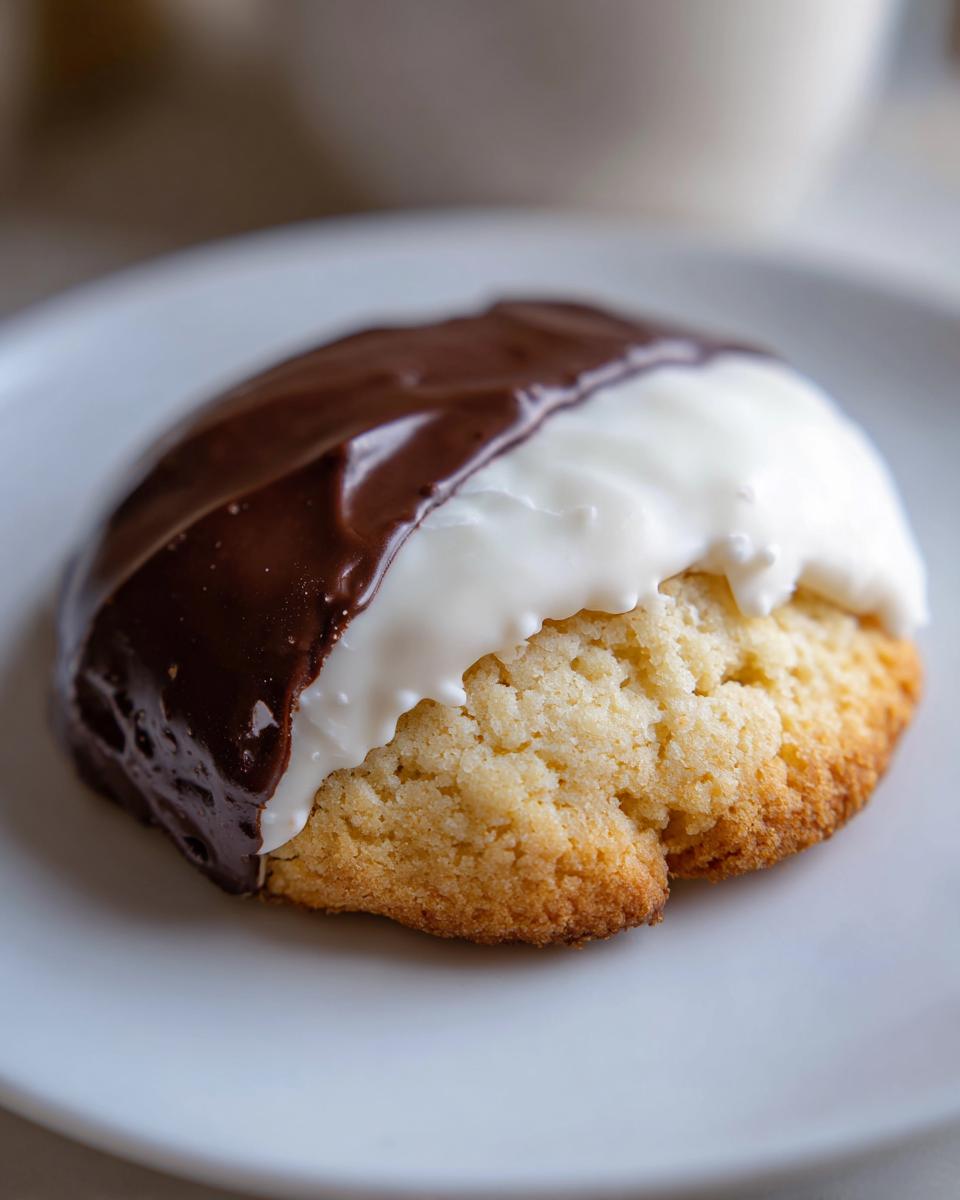 A single, freshly baked black and white cookie with half chocolate icing and half vanilla icing, resting on a white plate.