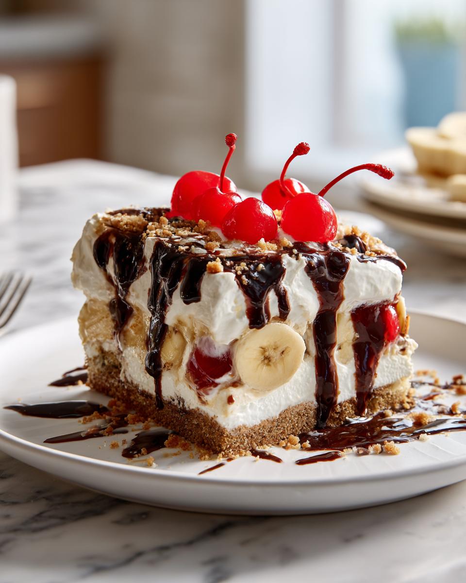 A decadent slice of banana split cake featuring layers of crust, cream, bananas, and topped with chocolate syrup and maraschino cherries.