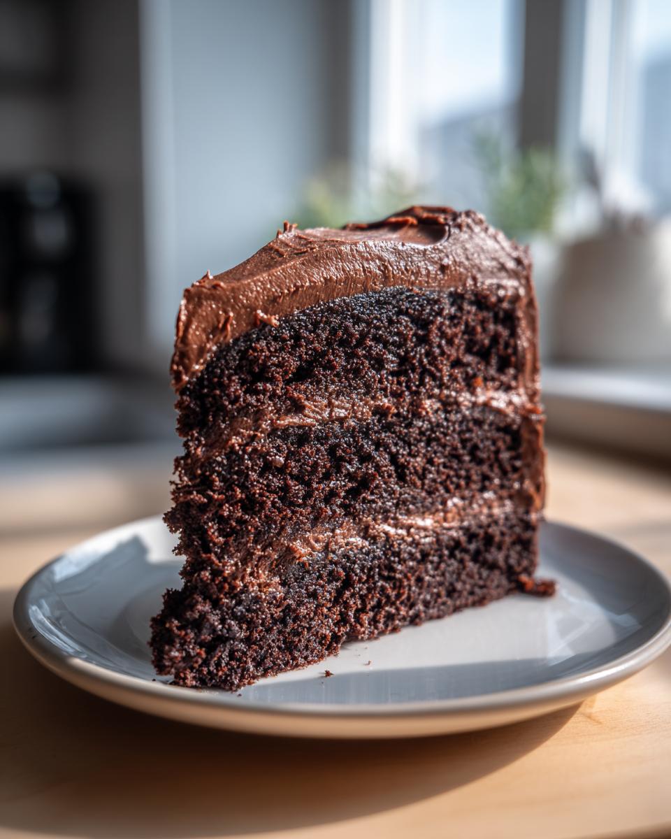 A decadent, moist slice of three-layer chocolate cake recipe with thick chocolate frosting.