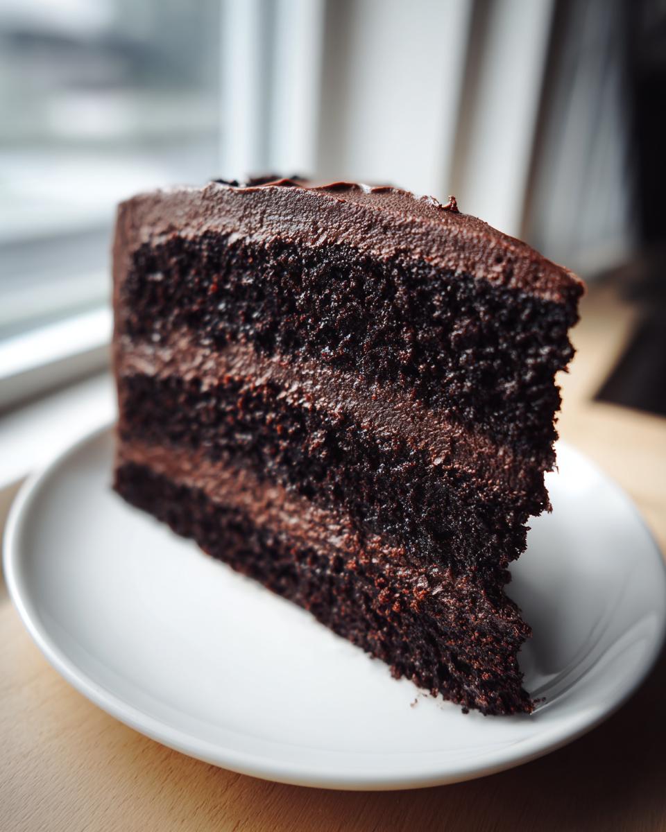 A moist, dark slice of chocolate cake recipe with thick frosting on a white plate.
