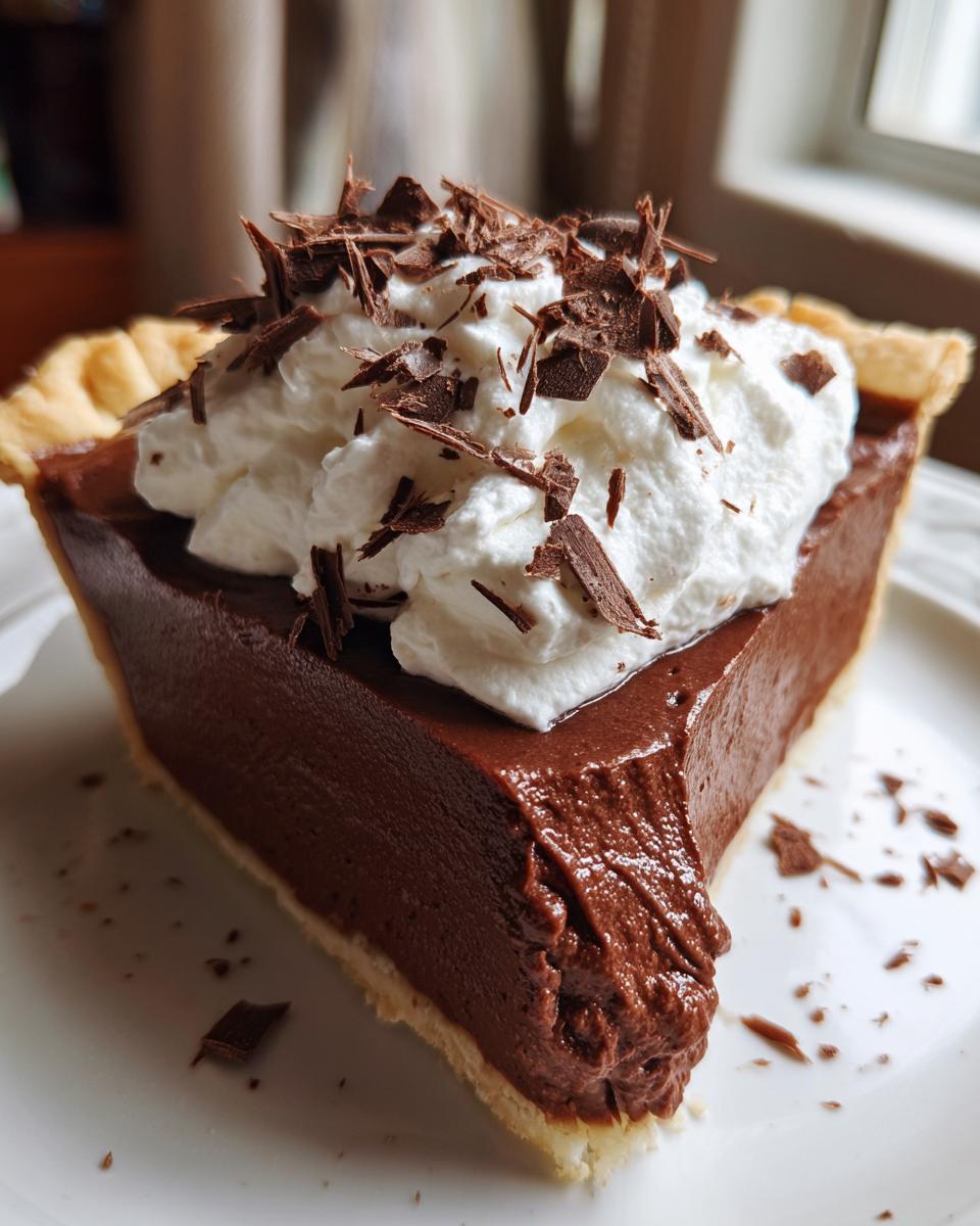 A close-up of a slice of rich french silk pie topped with whipped cream and chocolate shavings.