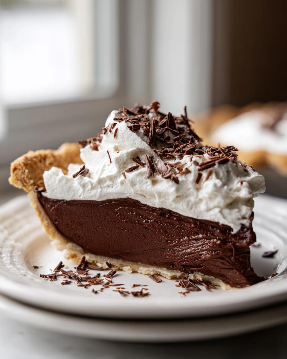 Close-up of a rich slice of french silk pie featuring dark chocolate filling, whipped cream, and chocolate shavings.