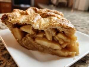 Close-up of a generous slice of homemade apple pie showing thick, spiced apple filling and a golden, flaky crust.