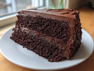 A thick slice of moist, dark chocolate cake with rich chocolate frosting, featured for the chocolate cake recipe.