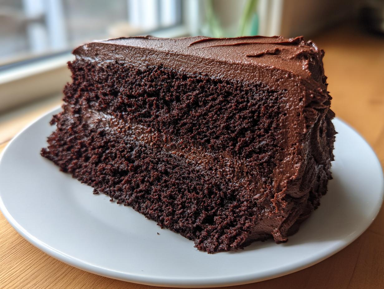 A thick slice of moist, dark chocolate cake with rich chocolate frosting, featured for the chocolate cake recipe.