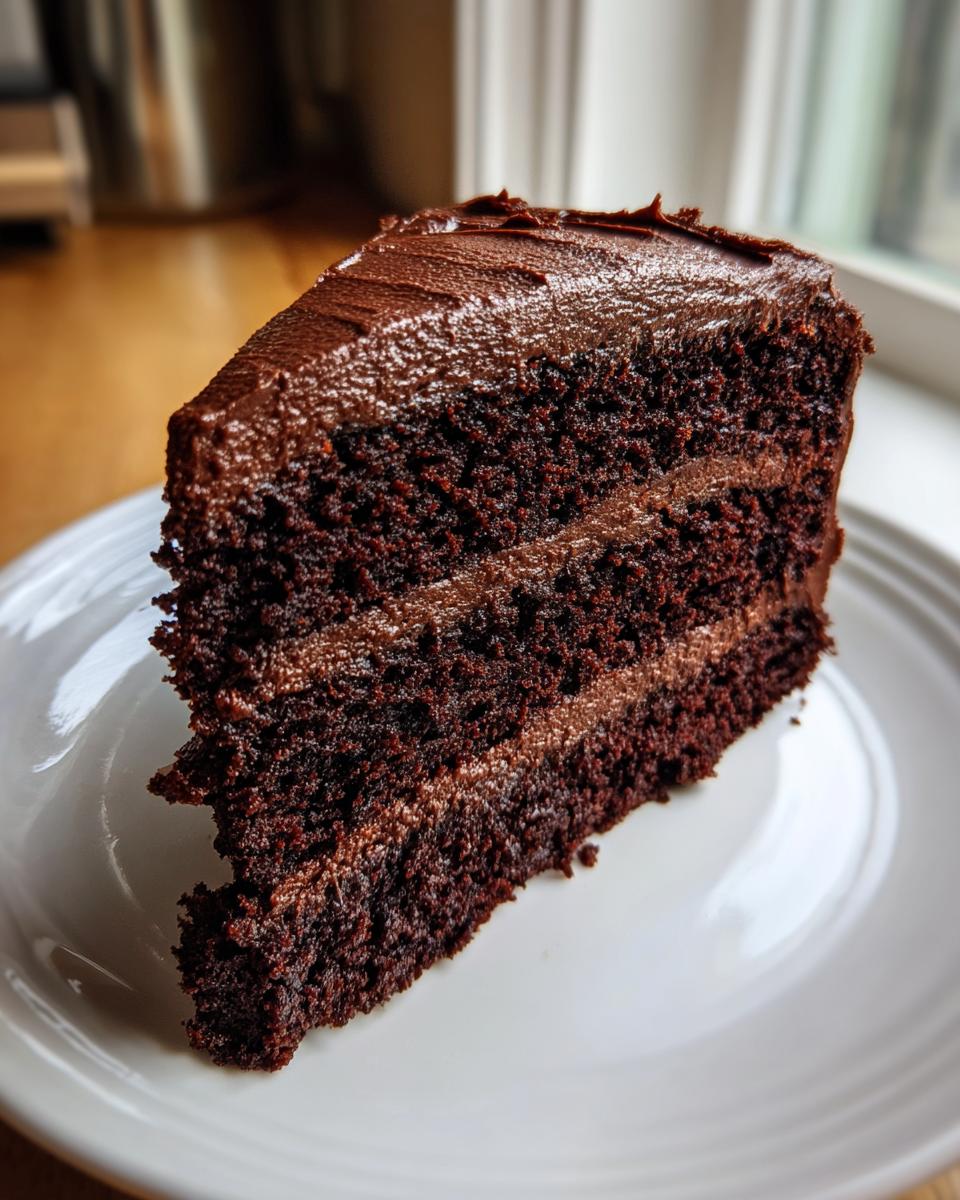 A tall, moist slice of three-layer chocolate cake recipe with thick chocolate frosting.