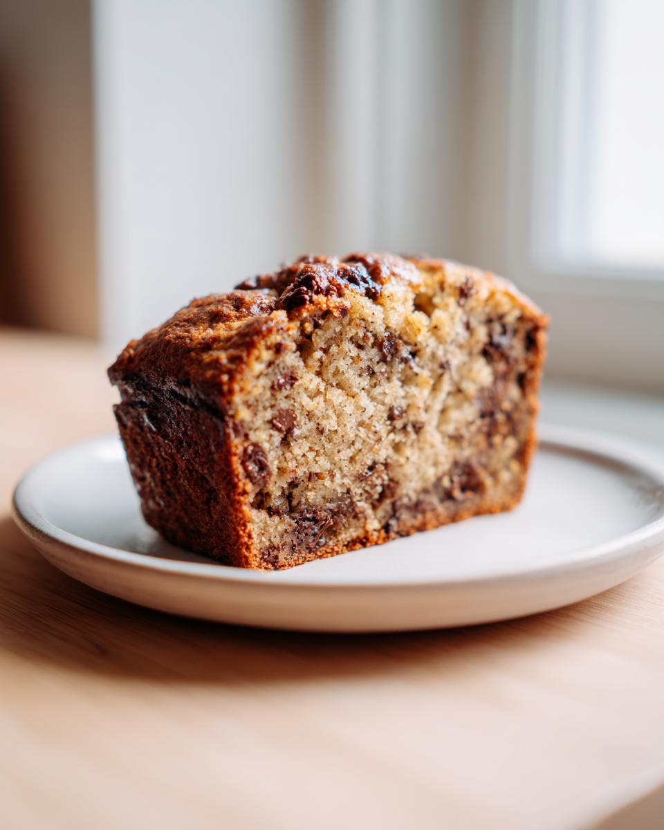 Close-up of a moist slice of vegan banana bread with visible chocolate chips, resting on a small white plate.