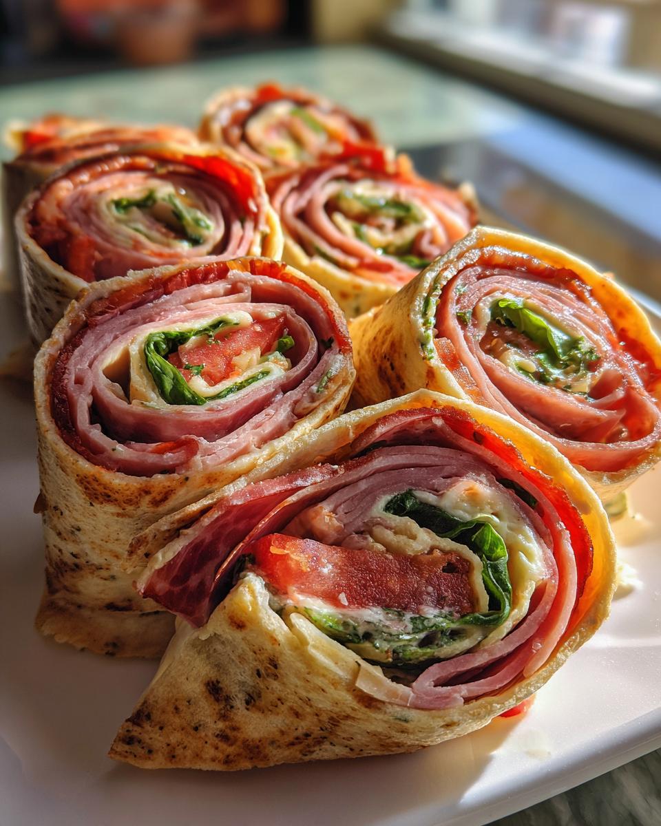 Close-up view of several sliced italian pinwheels filled with deli meats, cheese, tomato, and spinach on a white platter.