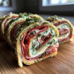 Close-up of several slices of savory Italian pinwheels filled with meats, cheese, and herbs on a wooden board.