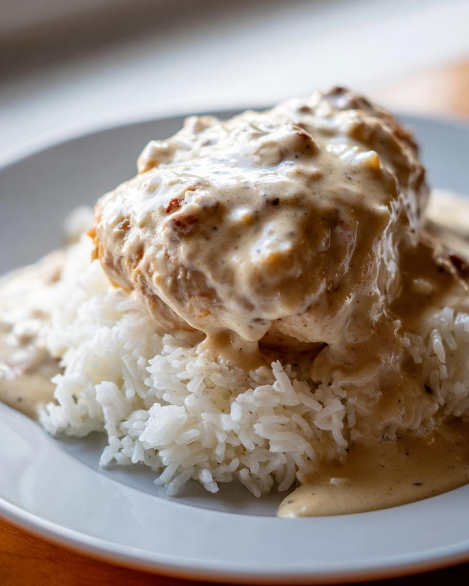 A close-up shot of a piece of chicken generously covered in creamy gravy served over a bed of white rice, our smothered chicken and rice.