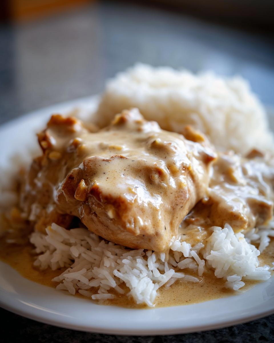 A close-up shot of smothered chicken and rice, featuring a piece of chicken covered in creamy brown gravy served over white rice.